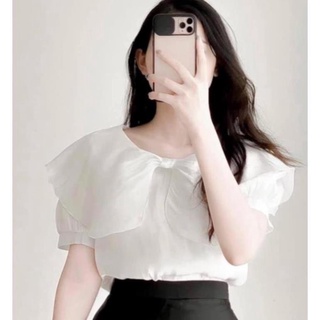 Áo sơ mi nữ HANAA công sở cộc tay cổ hình nơ nằm 2 lớp H98