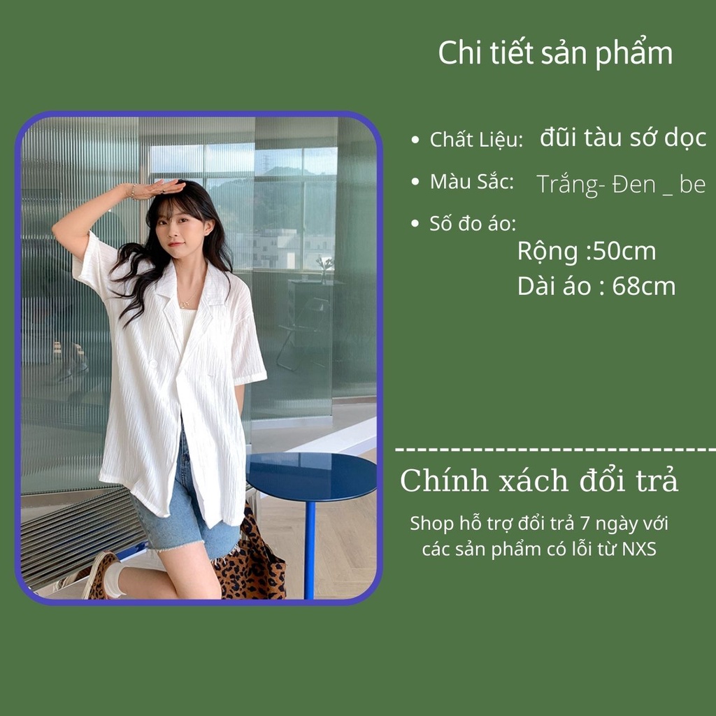 Áo sơ mi cổ vest, sơ mi nữ tay lỡ 2 khuy chất đũi đen trắng be form rộng blazer công sở đi học Cheapy C1012