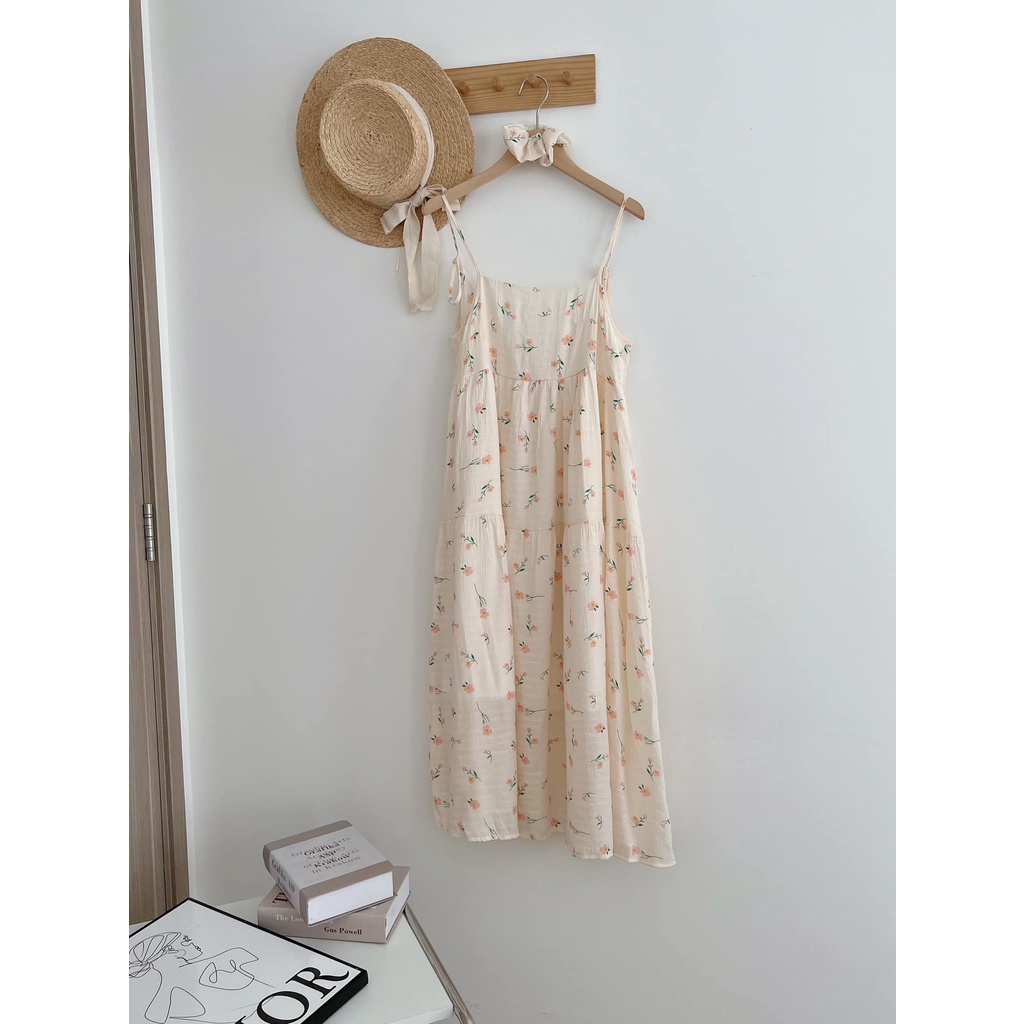 Đầm maxi đi biển 2 dây hoa đũi mềm xinh xắn dáng xoè tầng kèm nơ Kozoda D75