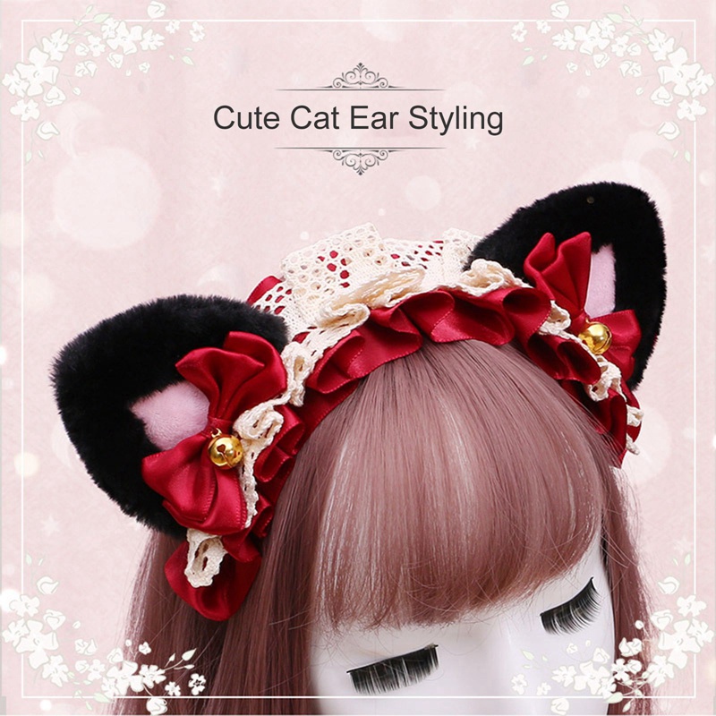 Lanfy1  Cài tóc đính tai mèo phối ren phong cách lolita đáng yêu