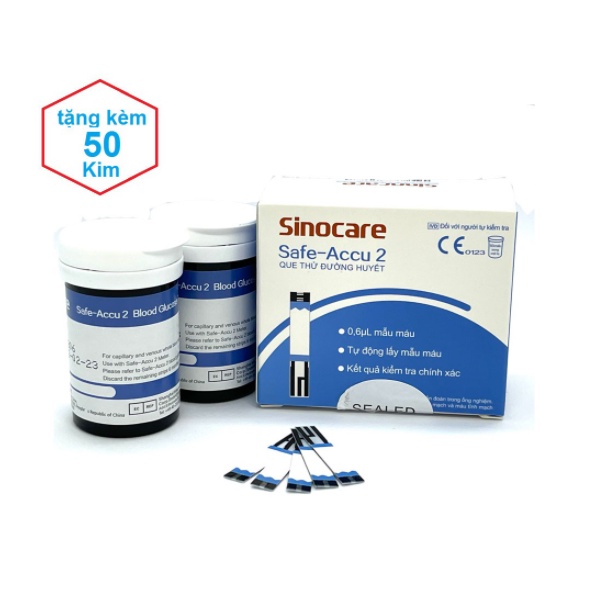 Hộp 50 que Thử Đường Huyết Safe Accu 2 Chính Hãng Sinocare + 50 Kim Chích Máu