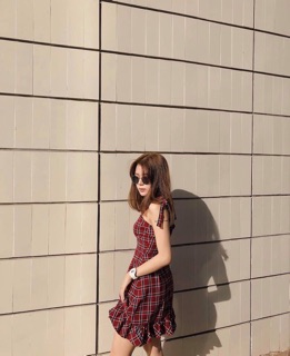 ĐẦM CARO ĐỎ HAI DÂY CỘT NƠ (KÈM VIDEO HÌNH THẬT)