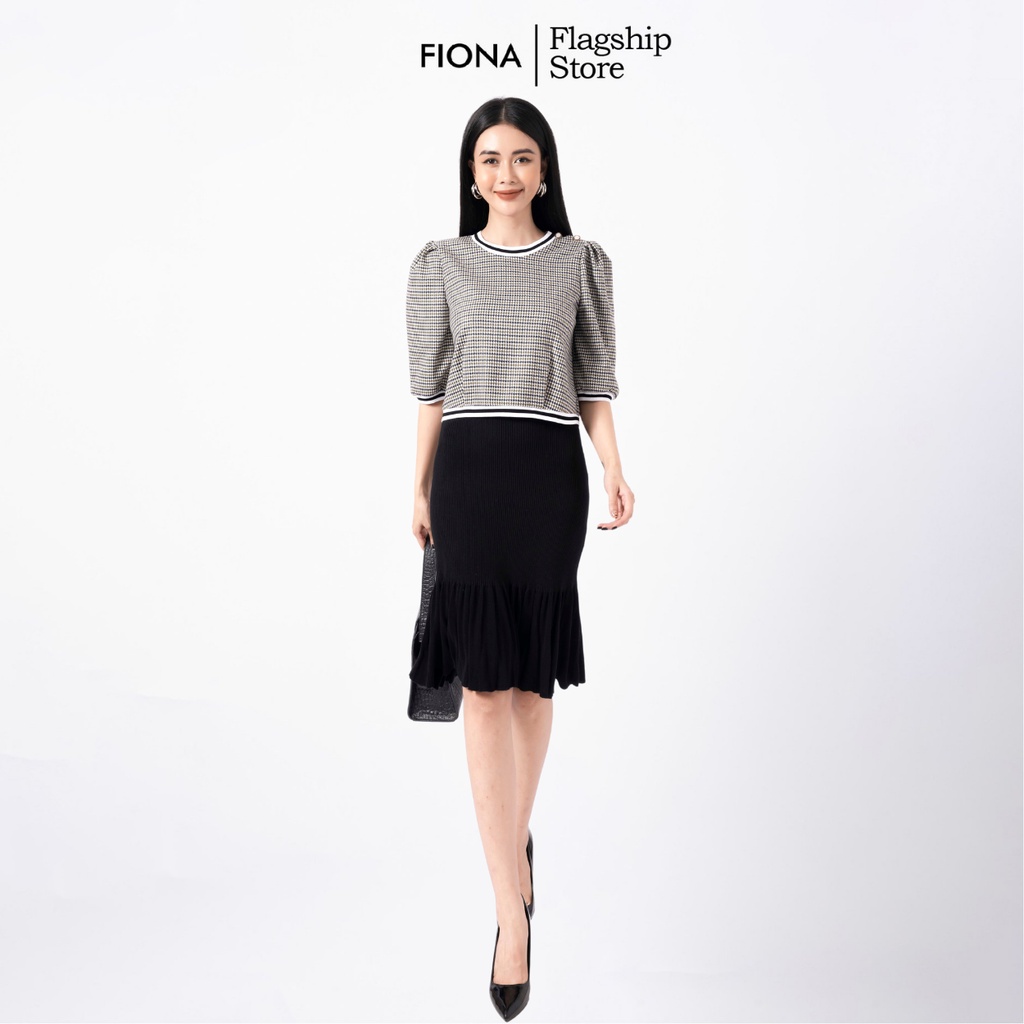 Áo sơ mi croptop tay lỡ FIONA, áo sơ mi tay bồng, áo công sở thu đông cổ tròn, gấu xếp ly F550666