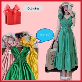 (HÀNG LOẠI 1)Đầm maxi tay cánh tiên nơ lưng nút bọc