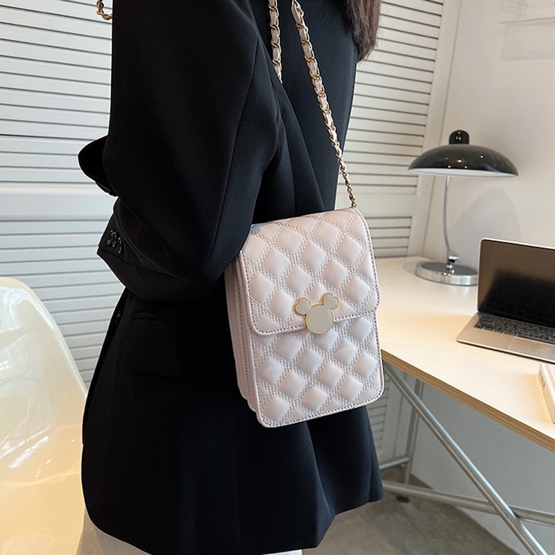 Túi IELGY đeo chéo vai hình vuông nhỏ đựng điện thoại thêu họa tiết gắn dây xích dễ phối dành cho nữ