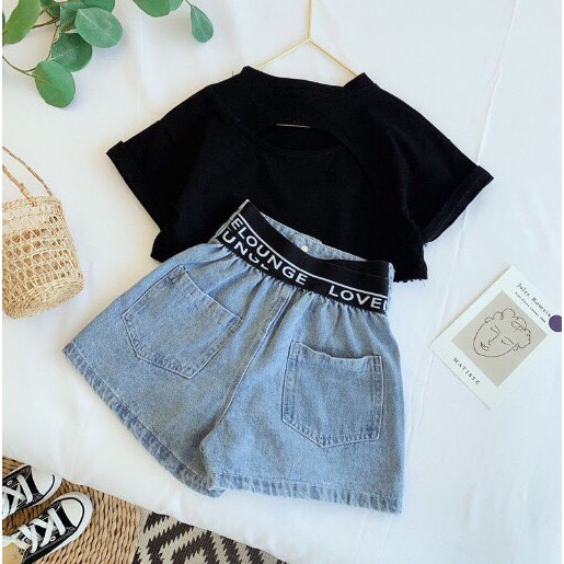 Đồ bộ áo thun croptop và quần jean đùi cho bé gái