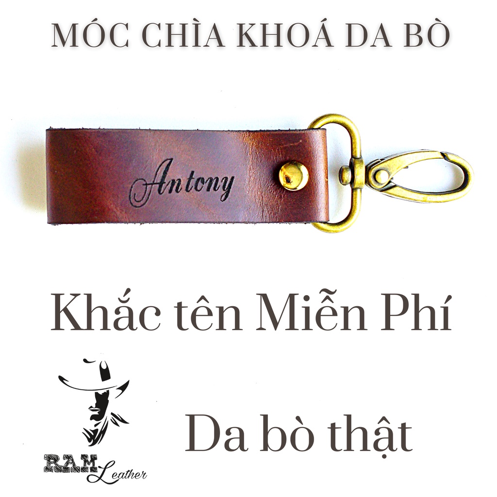 Móc khóa RAM Leather da bò nâu đỏ khắc tên theo yêu cầu