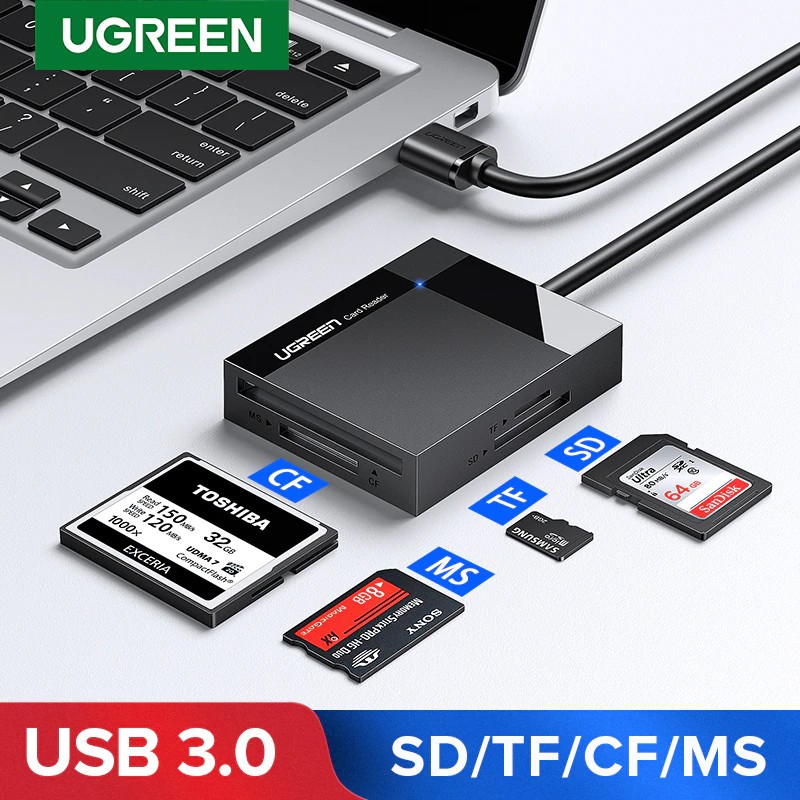 Đầu đọc thẻ nhớ SD/TF/CF/MS chuẩn USB 3.0 Ugreen 30229 Chính hãng CR125 màu đen