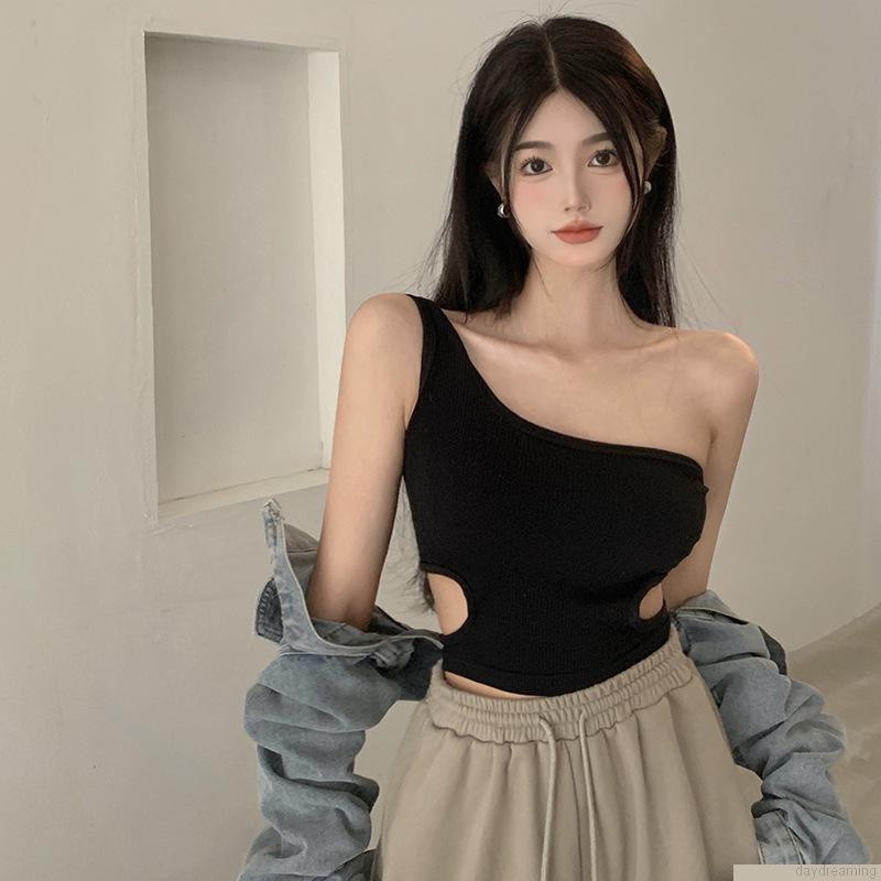 Áo Kiểu Croptop Không Tay Màu Trơn Có Đệm Ngực Thiết Kế Bất Đối Xứng Quyến Rũ Độc Đáo Dành Cho Nữ