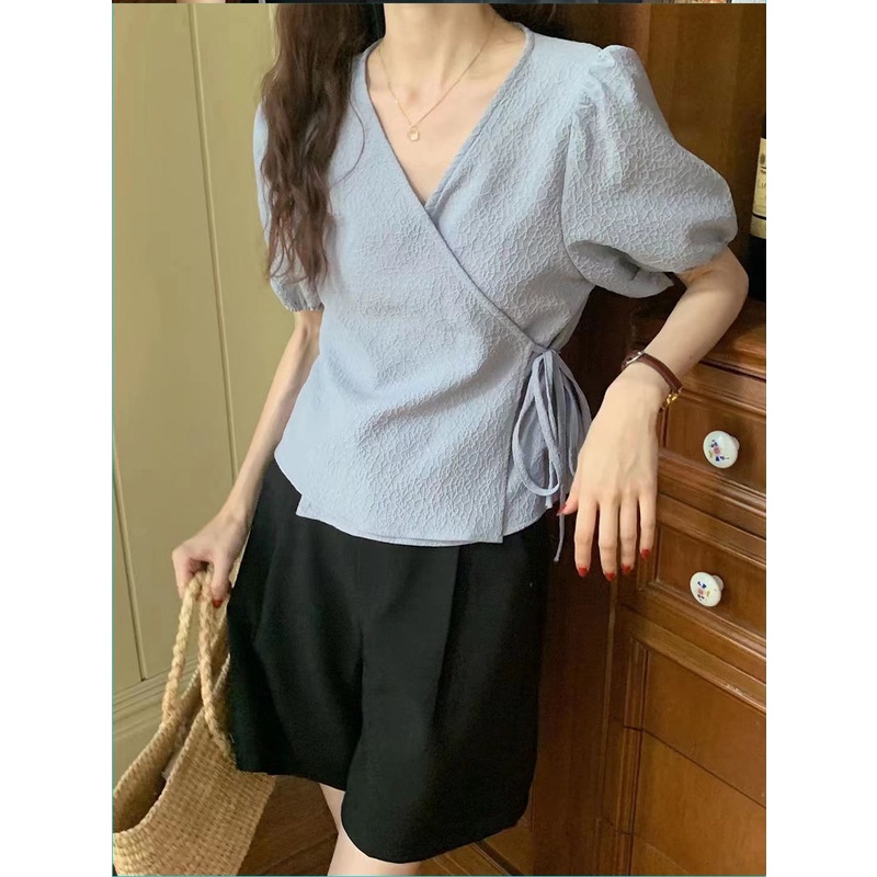 Áo Kiểu Cổ Chữ V Tay Phồng Màu Trơn Phong Cách Hàn Quốc Thời Trang Cho Nữ