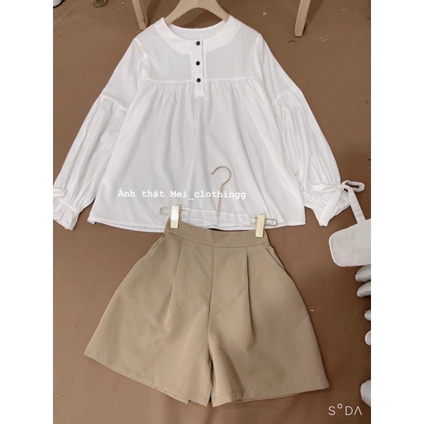[Ảnh thật/video] Set áo sơmi babydoll bánh bèo và quần sooc nâu dày dặn/ Áo sơ mi nơ tay