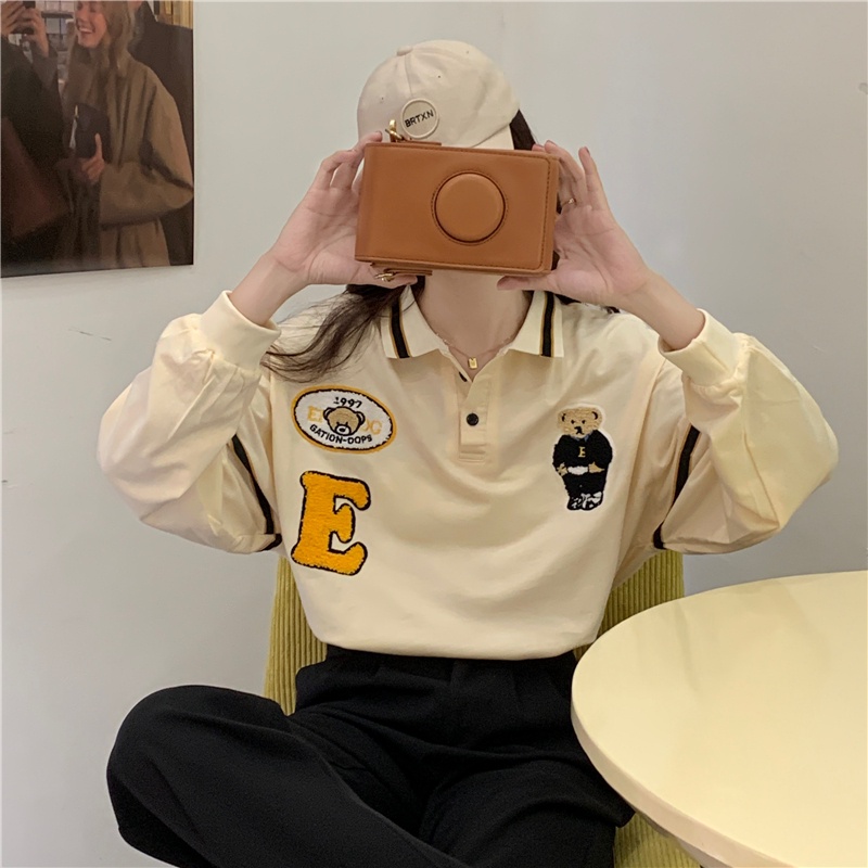 Áo Thun Nữ Dài Tay Cổ Polo Thêu Hình Gấu Mới