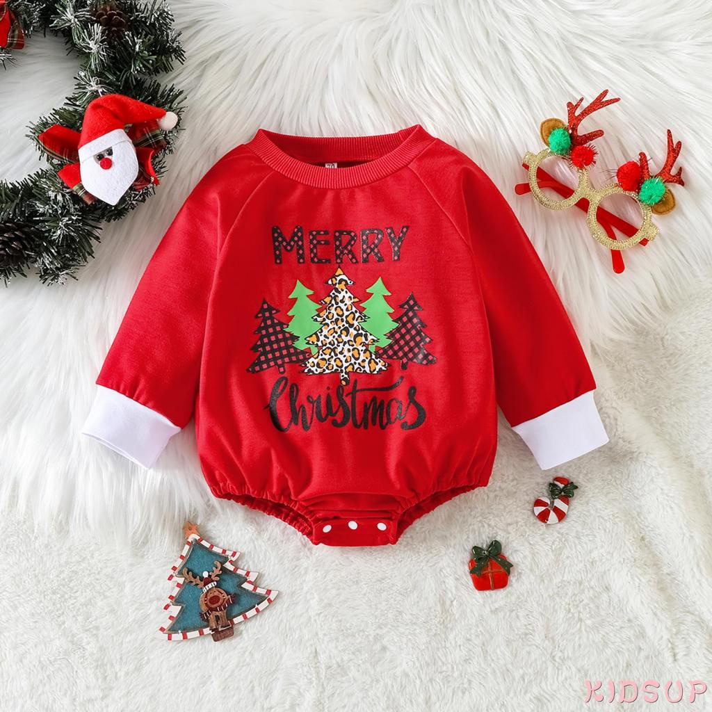Kidsup1-bộ Áo Liền Quần Tay Dài Cổ Tròn In Hình Ông Già Noel / Cây Thông Thường Ngày Cho Bé Trai Bé Gái