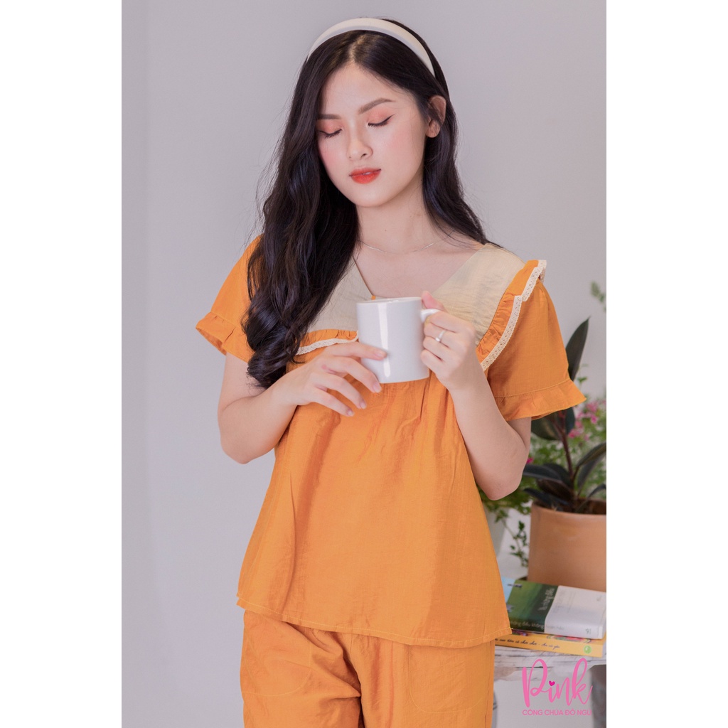 Bộ Đồ Lửng Pijama Nữ Màu Vàng Mặc Mùa Hè Chất Vải Đũi Cao Cấp Mềm Mịn Hút Mồ Hôi Tay Ngắn Quần Lửng Dịu Dàng Sang Trọng