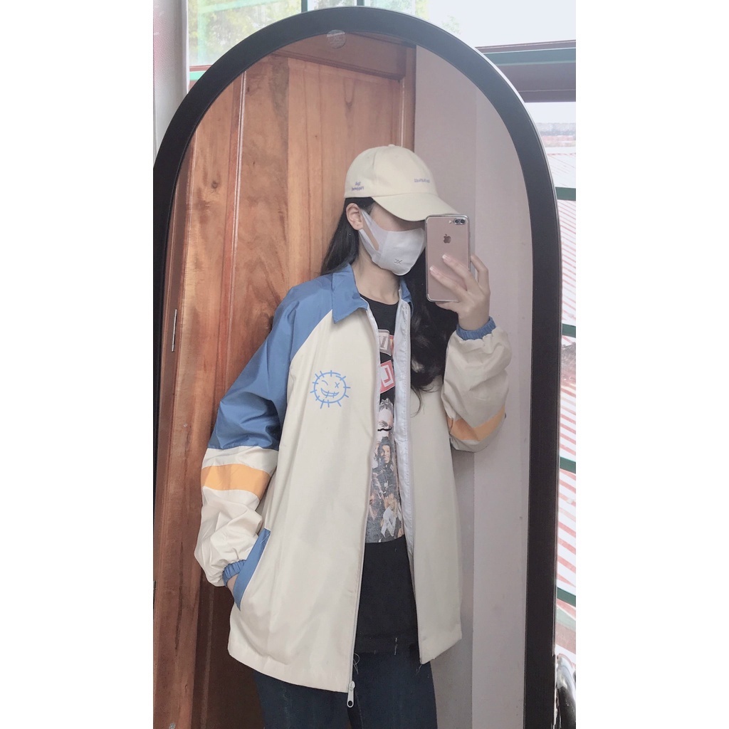 Áo khoác gió Unisex 2 lớp Kaki dày dặn, form rộng, phối màu in hình mặt cười phong cách Hàn Quốc