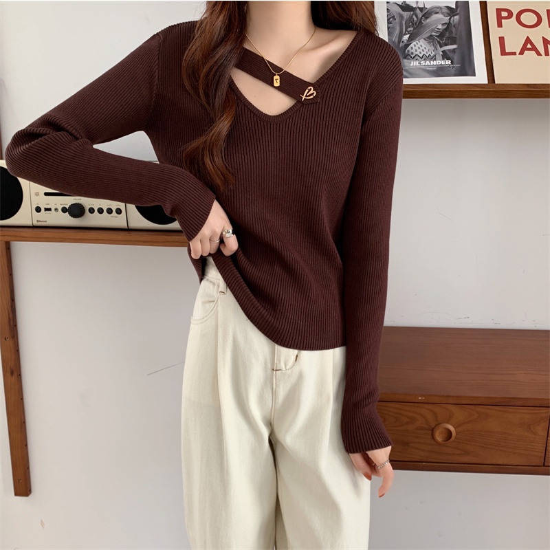 【HangFei】Áo Sweater Dệt Kim Tay Dài Cổ V Thiết Kế Quyến Rũ Cá Tính