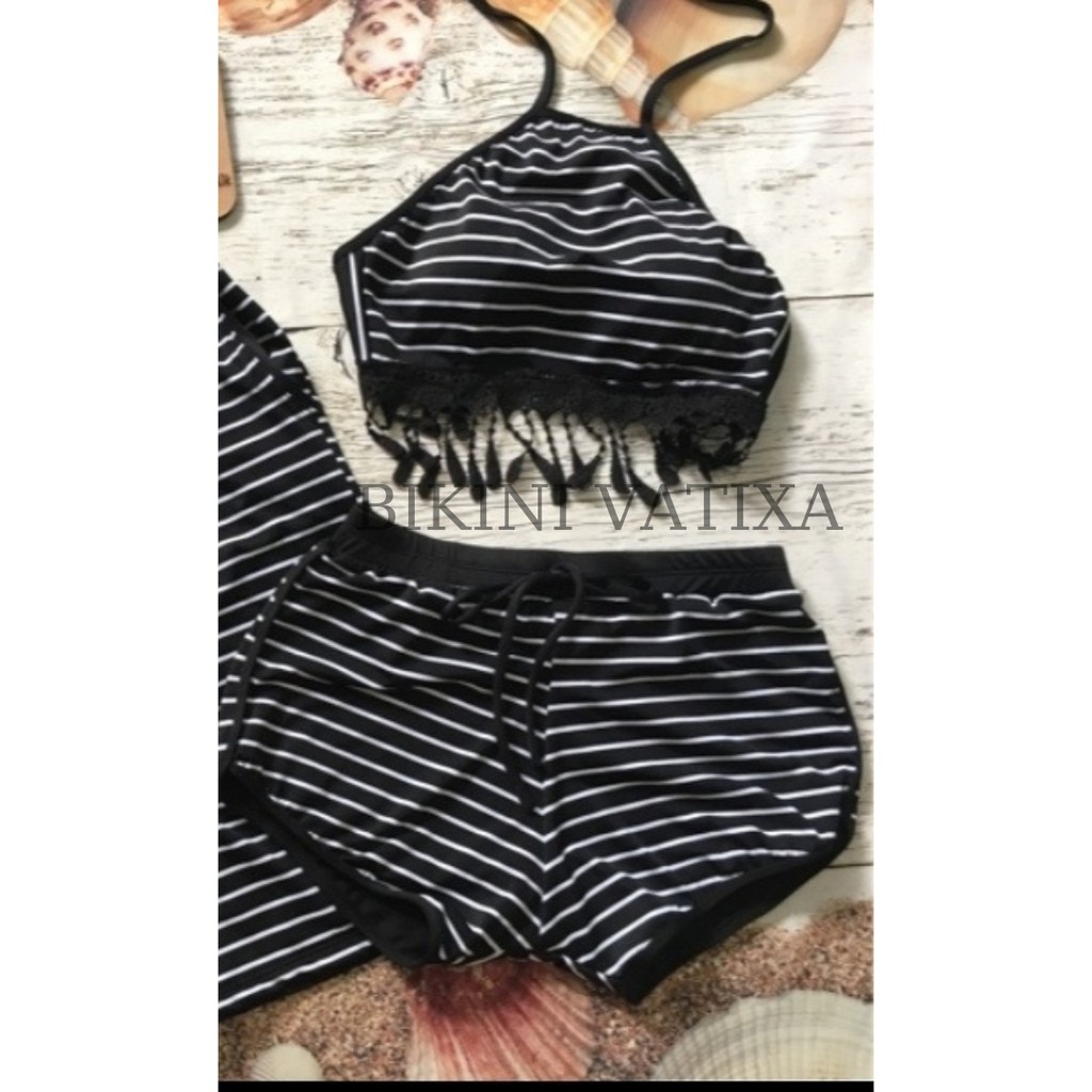 Bikini cho cặp đôi, đồ bơi đôi, cặp thun lạnh sọc đen VATIXA BKN05