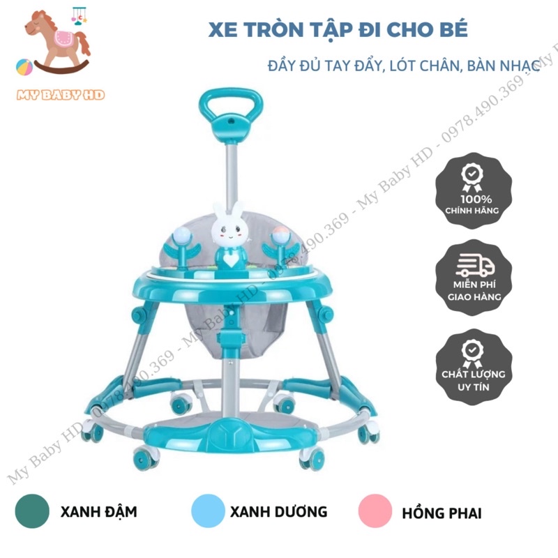 Xe tròn tập đi Baby Walker có đầy đủ tay đẩy lót chân có nhạc đèn bàn ăn dặm cho bé