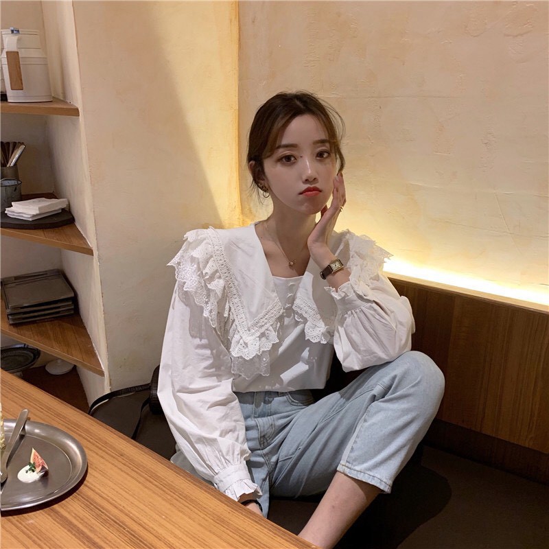 Áo sơ mi viền ren cúc bọc dài tay Ulzzang, sơ mi cổ bèo đính 2 cúc bọc.