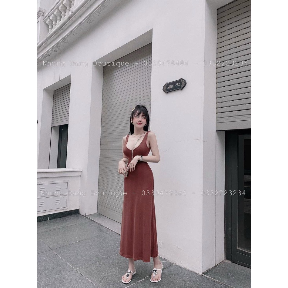 Đầm dáng midi dài thun gân 2 dây cổ V sexy MK