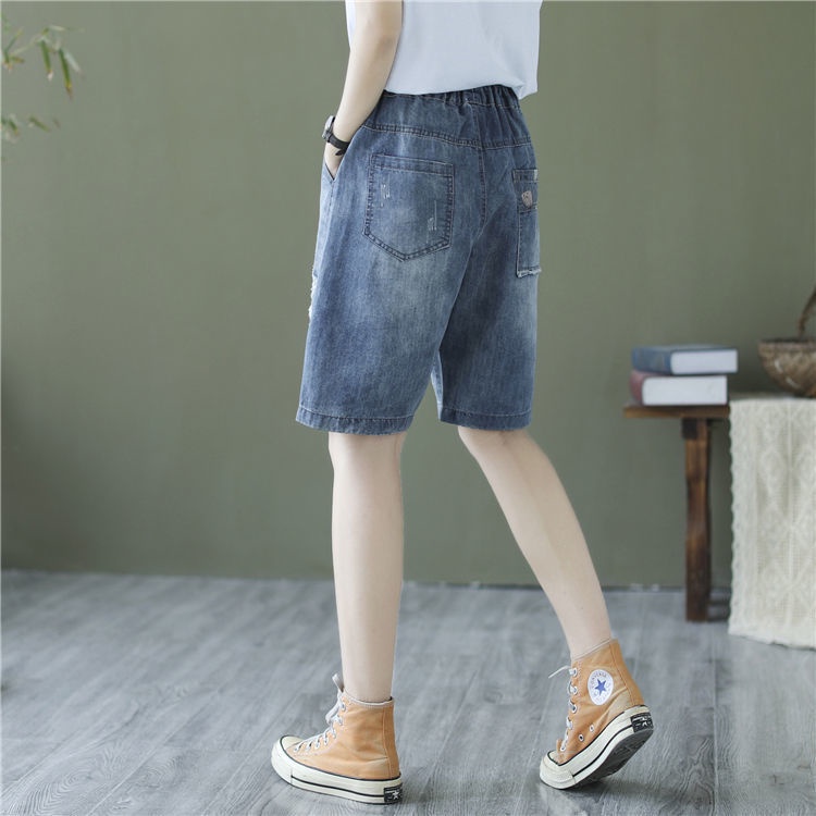 Quần Short denim Lưng Thun Thêu Họa Tiết Mẫu Mới Thời Trang Mùa Hè Cho Nữ