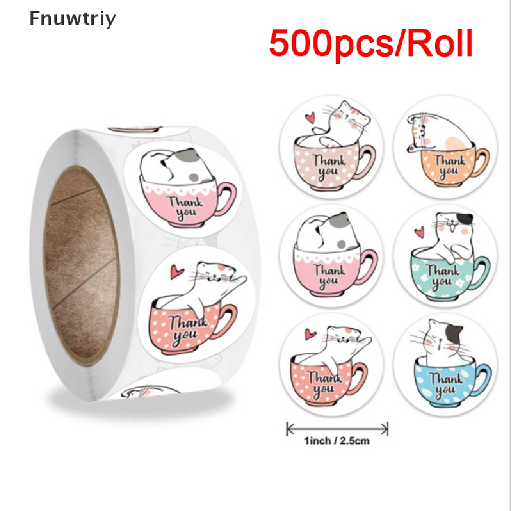Set 500 sticker dán hình tròn họa tiết chữ Thank You và chú mèo dùng cho trang trí hộp quà tặng dễ thương