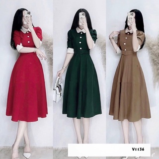 VÁY XỐP CỔ TRÒN  CÚC,váy khoá trước,xốp trễ vai ,vây xoắn ngực,2 dây ngọc