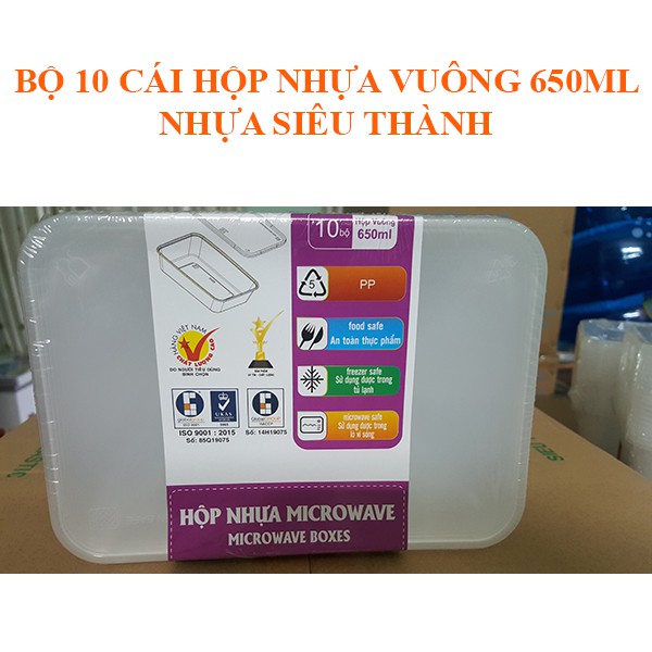 Bộ 10 cái hộp + nắp hộp nhựa vuông Microwave 650ml đựng Thực Phẩm / Thức Ăn / Kim Chi / Chân Gà | BigBuy360 - bigbuy360.vn