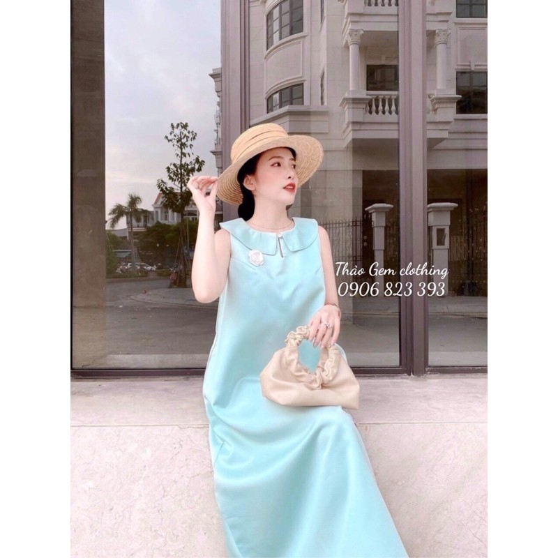 Đầm Suông thiết kế cổ sen phối túi, Váy suông chữ A cổ sen