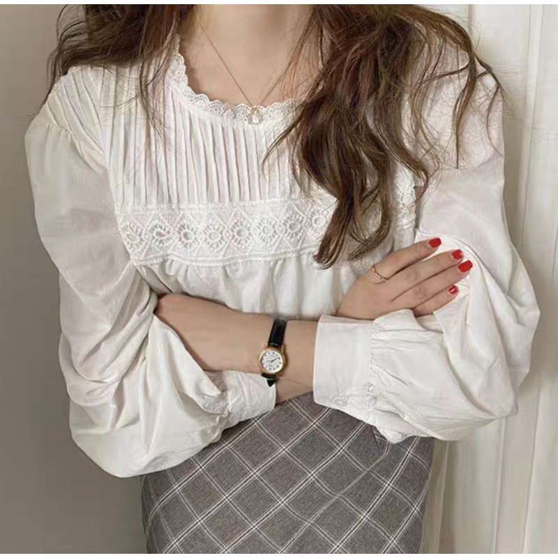 áo sơ mi kiểu dài tay xếp li ngực vintage ảnh thật