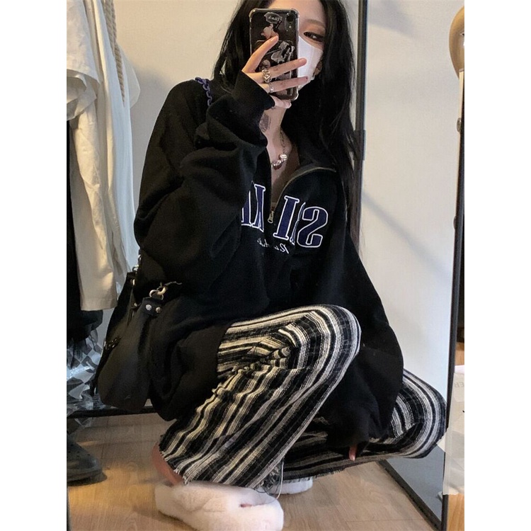 Áo sweater Nữ Tay Dài Màu Đen Phong Cách retro Mỹ