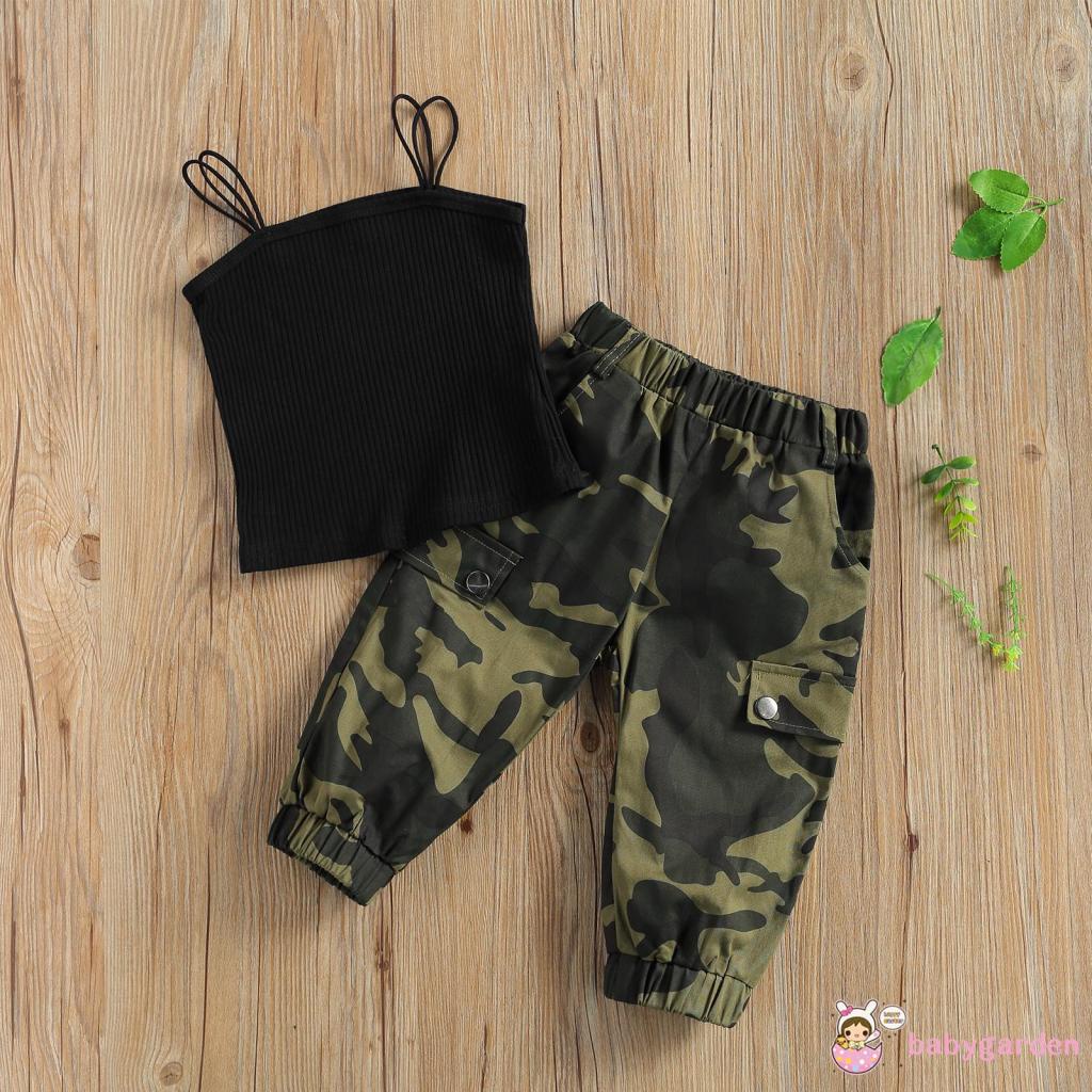 Bộ Đồ Thời Trang 2 Món Áo Không Tay + Quần Họa Tiết Rằn Ri + Thắt Lưng Cho Bé Gái 2-7 Tuổi