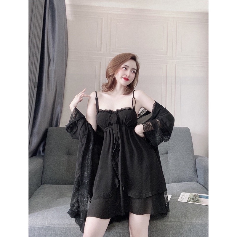 Combo váy ngủ 3 món , Đầm ngủ 2 dây vải chiffon cao cấp, Freesize 40_60kg, tuỳ chiều cao- Đồ_Ngủ_Nữ
