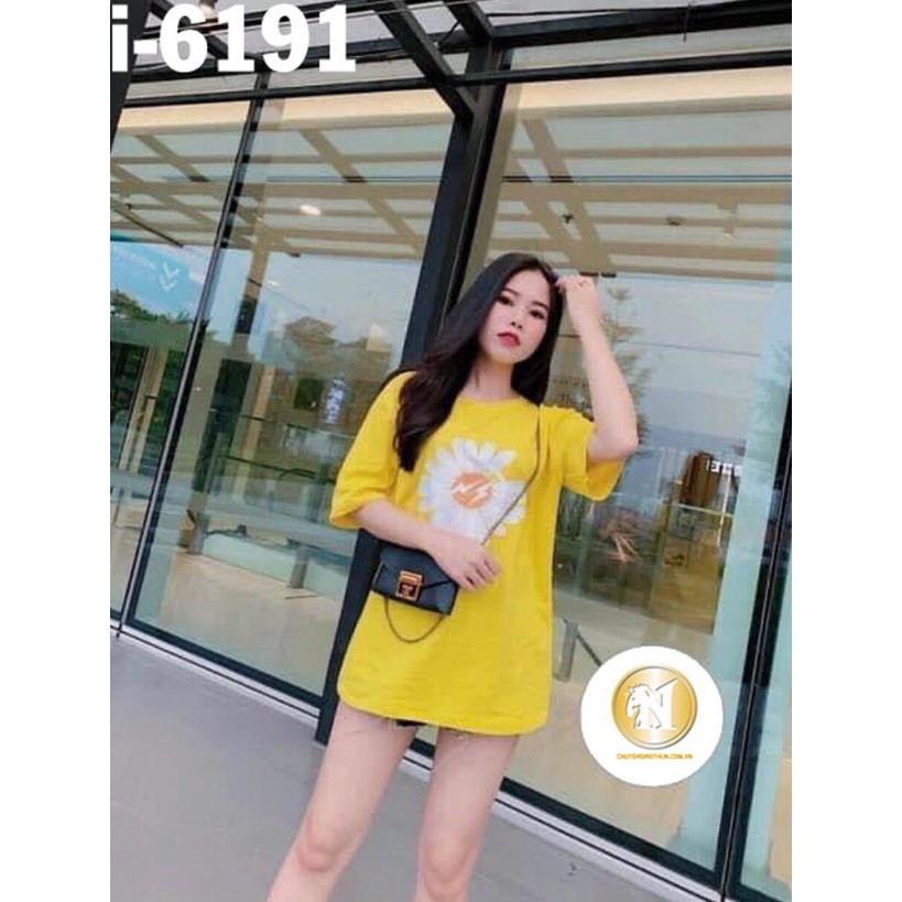 I6191 Áo Thun Unisex Nữ Màu Vàng Nghệ In Hoa Cúc