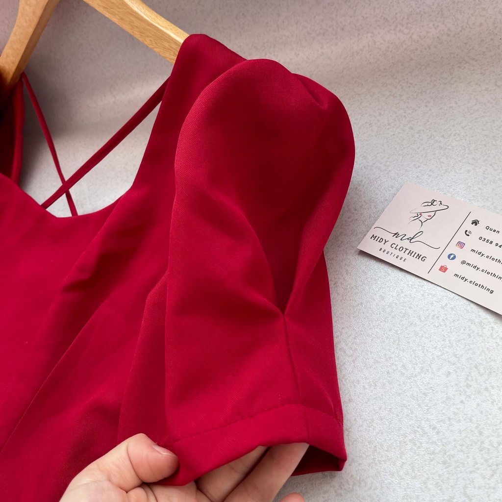 Đầm tay phồng cổ vuông xếp ly eo 2 màu | BigBuy360 - bigbuy360.vn