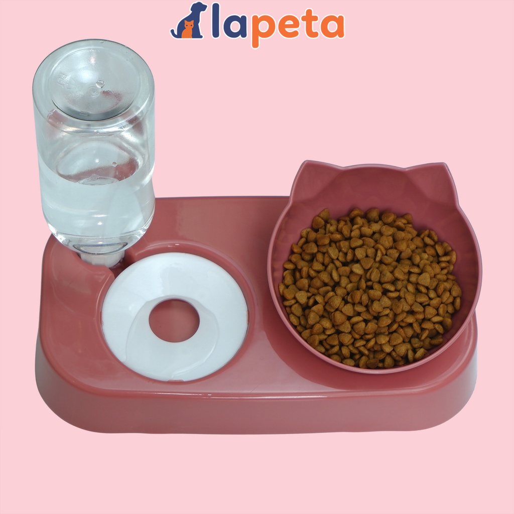 Bát ăn cho mèo chó thú cưng có bình nước tự động đế chống lật và chống gù bằng nhựa hình tai mèo