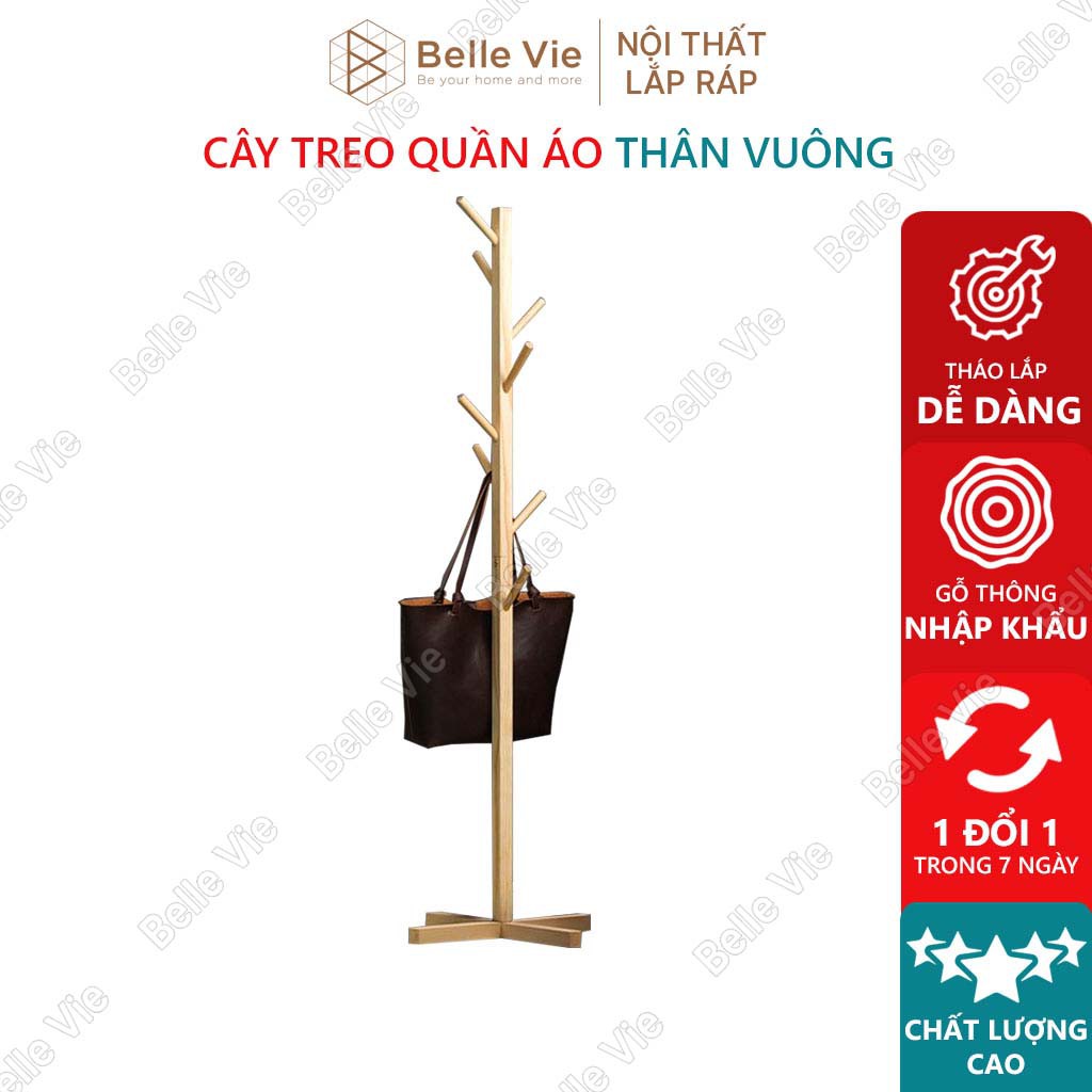 Cây Treo Quần Áo Đứng Gỗ Thông BELLEVIE Móc Quần Áo Gỗ Thiết Kế Lắp Ráp Hiện Đại