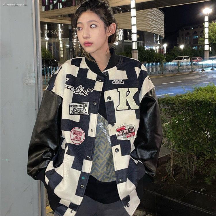 Áo khoác bóng chày phối màu trắng đen phong cách Hong Kong cổ điển thời trang thu đông cá tính cho nữ