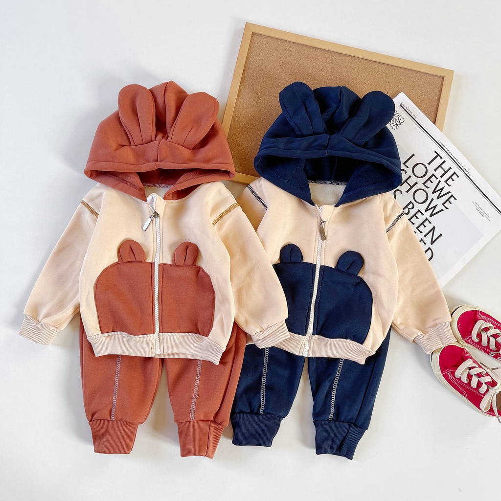 Bộ Nỉ Bông Có Mũ Tai Gấu Cực Ấm Cho Bé Trai, Bé Gái từ 8-28kg MINKY BABY