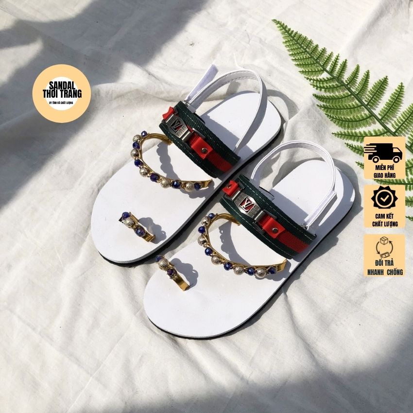 Dép sandal nữ xỏ ngón đính đá 2 màu Trắng/Đen full size 30-44 nam nữ SANDALTHOITRANG