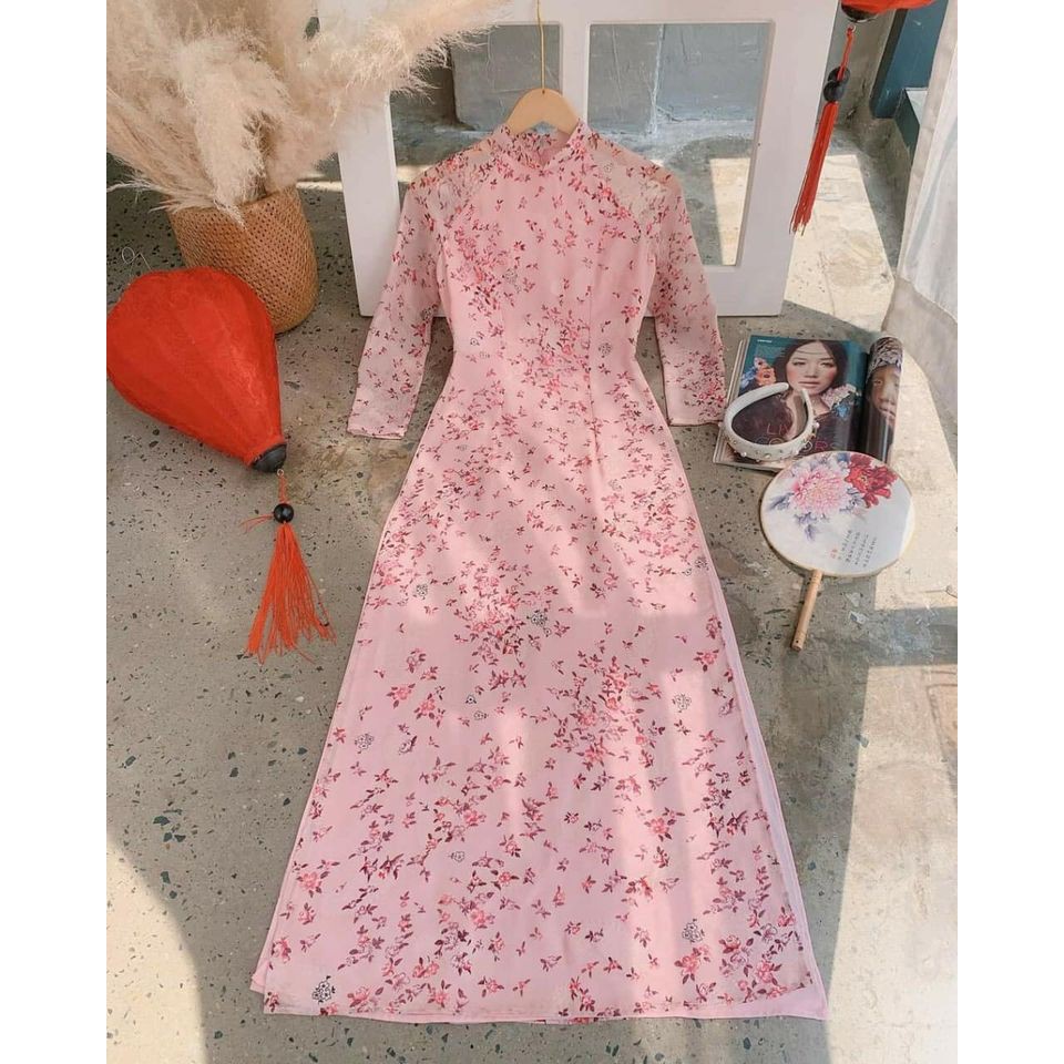 Áo Dài Truyền Thống Nữ  4 Tà Hoa Nhí Hồng Tơ Ý Áo Dài Chuẩn Phom Cam kết Chất Lượng