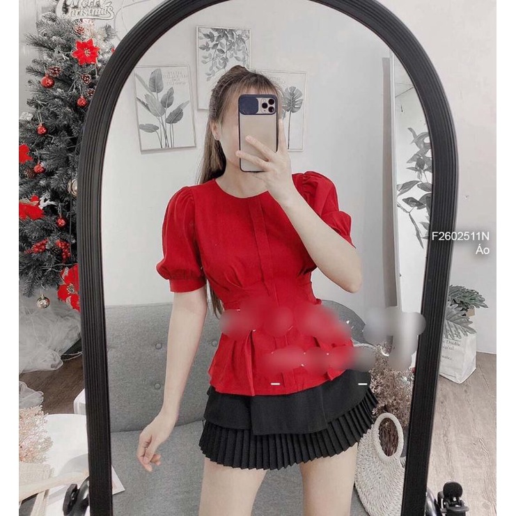 Áo kiểu chít eo cổ tròn tay ngắn phồng 2602