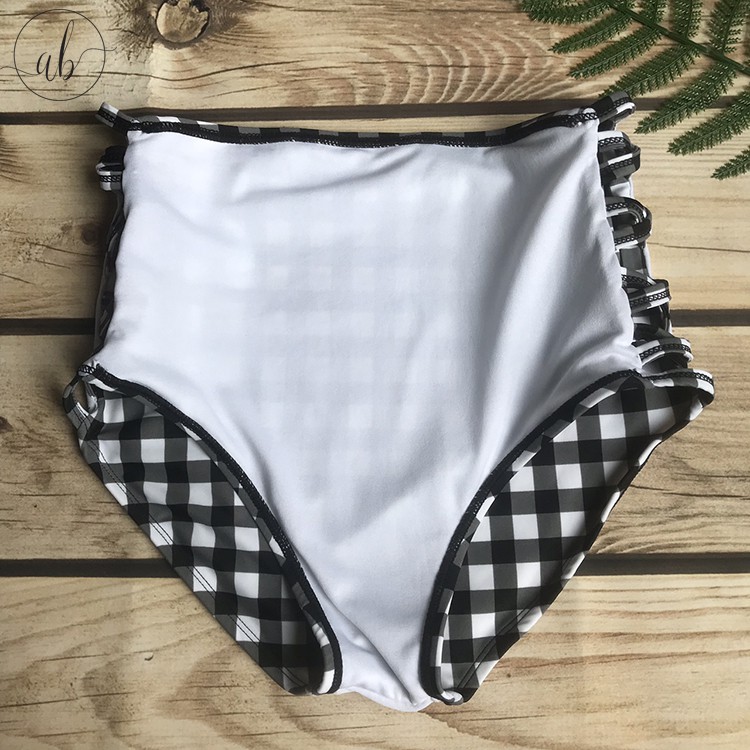 Bikini 2 mảnh quần cạp cao đan dây, áo cộc tay, caro đen trắng khỏe khoắn, thời trang (Freesize 40-55kg)