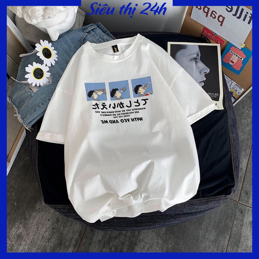 Áo thun nam nữ form rộng, áo phông unisex tay lỡ Siêu thị 24 giờ, chất liệu co giãn hoạt tiết in chữ With Yeo And Me