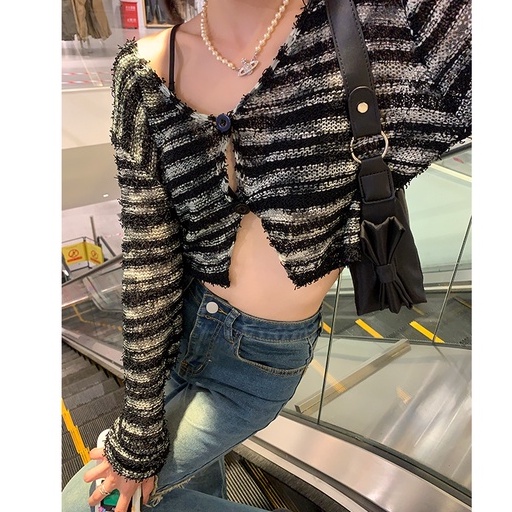 Áo Cardigan Dệt Kim Tay Dài Cổ Tròn Họa Tiết Kẻ Sọc Thời Trang Hàn Quốc Quyến Rũ Cho Nữ