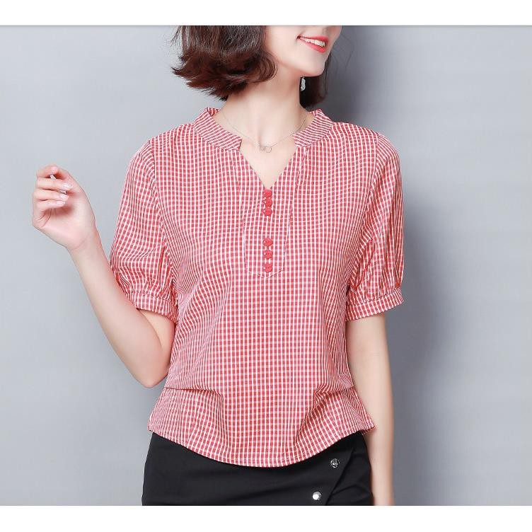 Áo Sơ Mi Nữ Kẻ Caro Đỏ, Áo Nữ Công Sở Ngắn Tay Cổ Tim, Dáng Đẹp Kiểu Hàn Quốc, Min Cloth đẹp