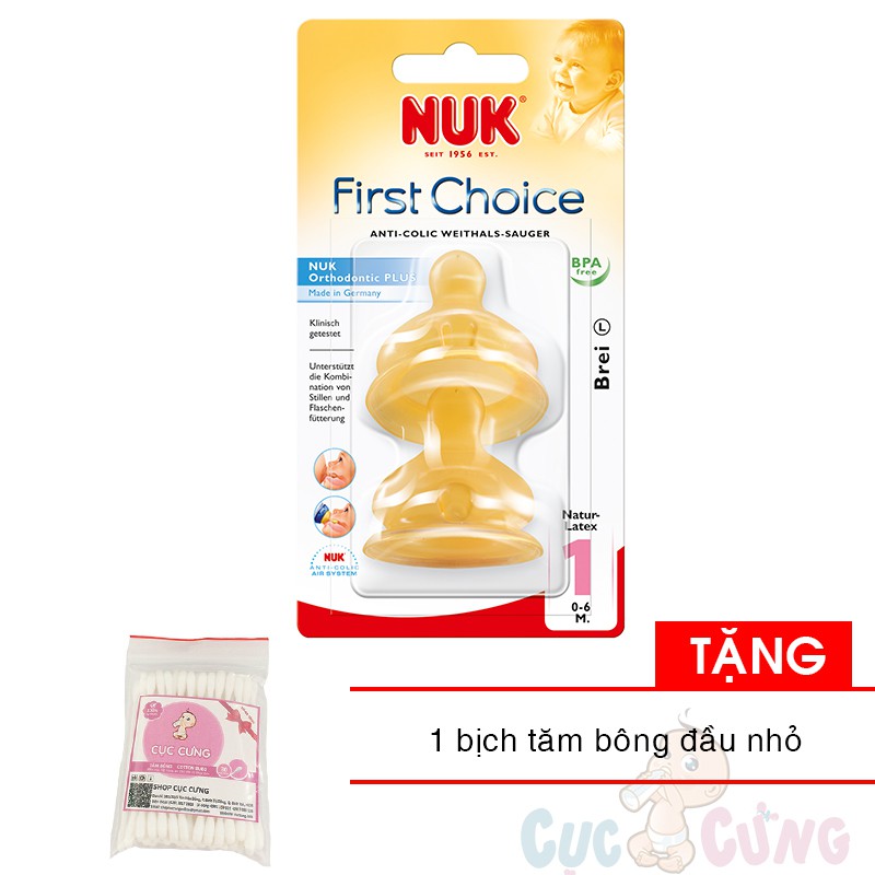 Ty bình sữa Nuk cao su cổ rộng size 1L- 2 cái/vỹ Tặng 1 tăm bông đầu nhỏ cho bé