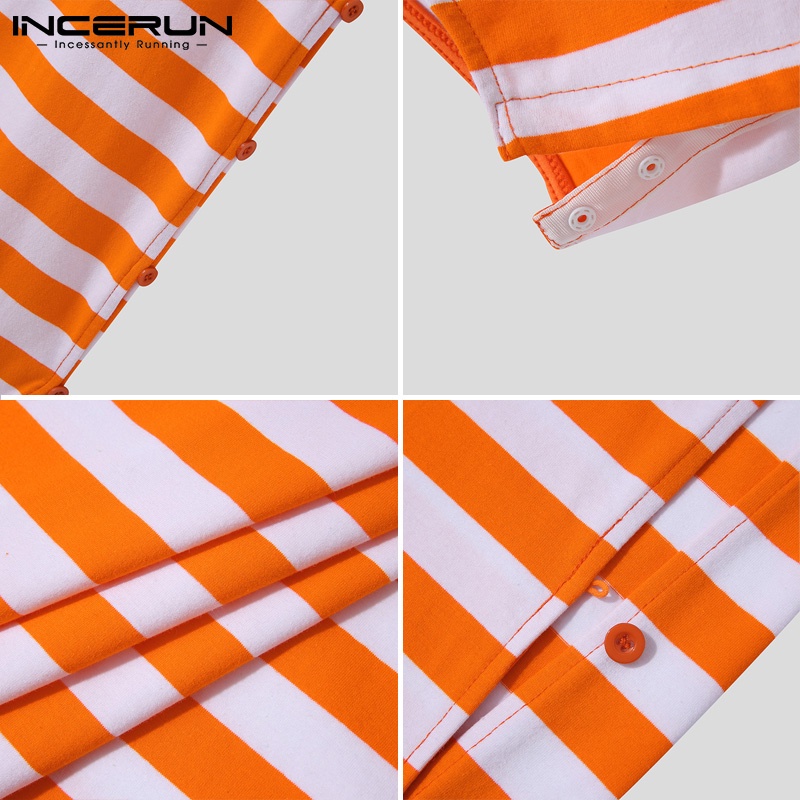 Áo liền quần INCERUN sát nách cổ tròn kẻ sọc xẻ tà bên hông gợi cảm cho nam