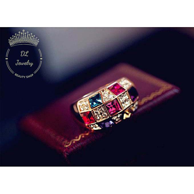 [HOT] Nhẫn mạ vàng bản to đính đá nhiều màu sắc phong cách quý tộc,hoàng gia