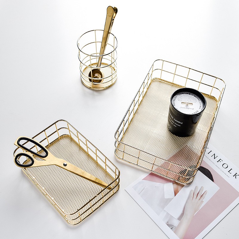 Household Golden Iron Art Stationery Storage Basket Desktop organization Storage Basket Bathroom Supplies Storage Rack